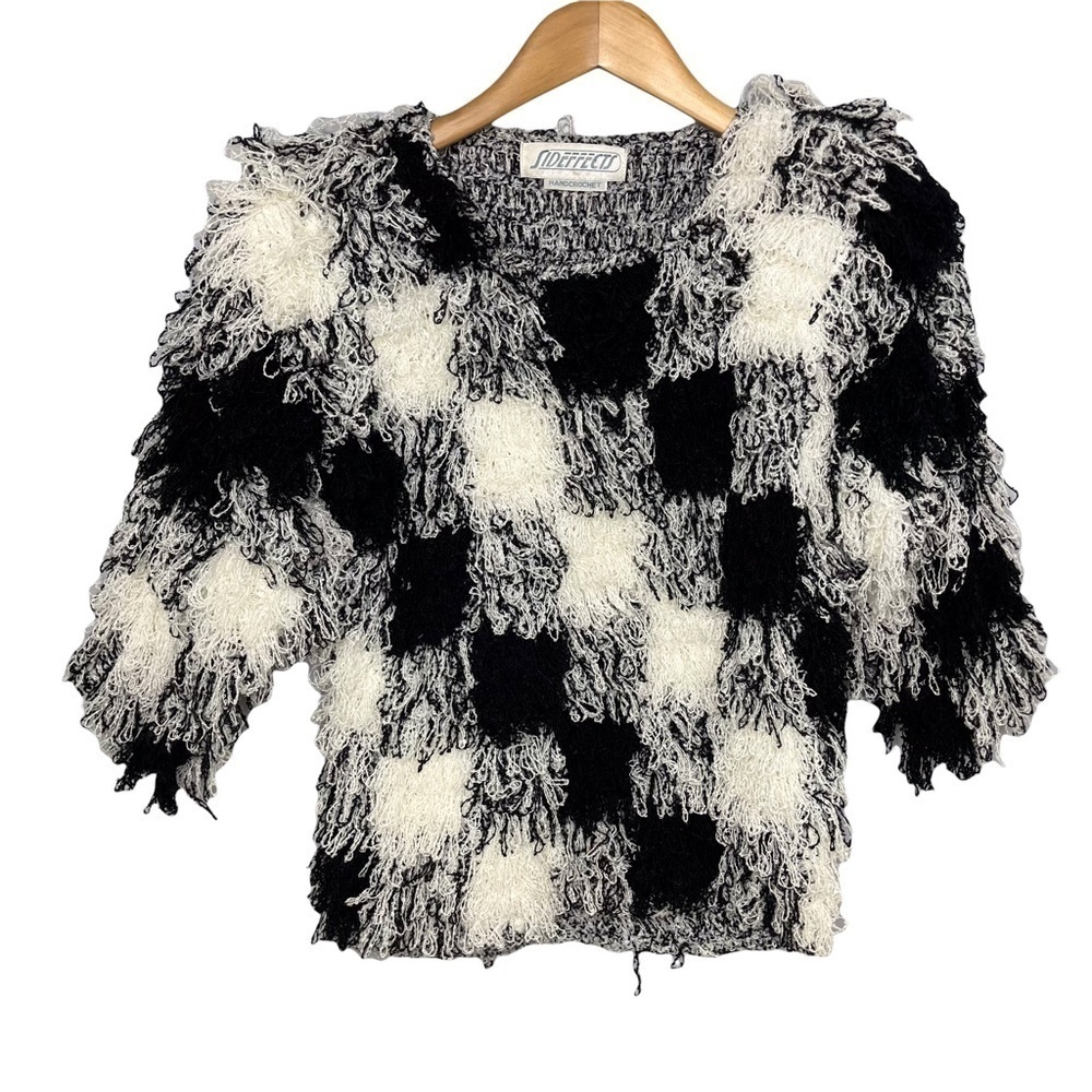 Sideffects Vintage Shaggy Sweater Hand Crocheted Checkered Pattern Vintage Small